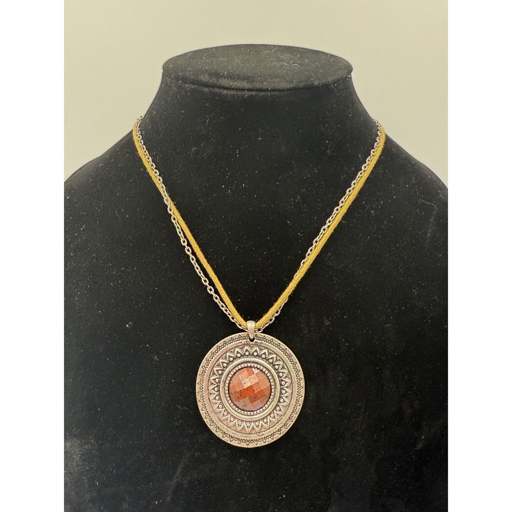 Boho Silver Tone Medallion Pendant‎ Necklace Double Strand Tan Cord Red Stone